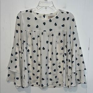 LOFT Outlet Cream and Navy Patterned Long Sleeve Ruffled Cuffs Blouse 0316262